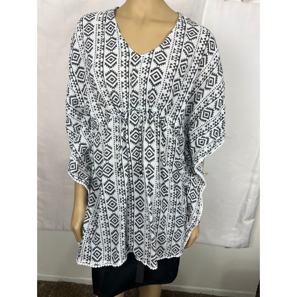 Geometric Tribal Print Kaftan Top Black White Pom Pom Trim Open Back Large - Picture 7 of 7